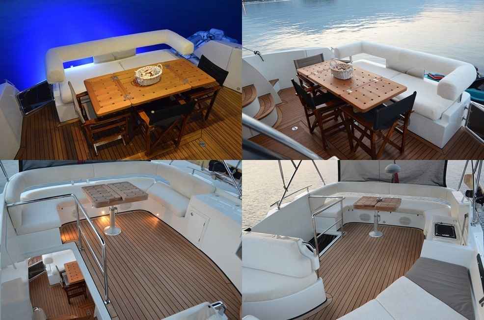 Four different views of a yacht featuring the helm, deck, and stern