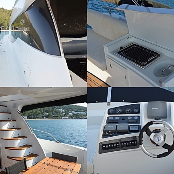 Four different views of a yacht featuring the helm, deck, and stern