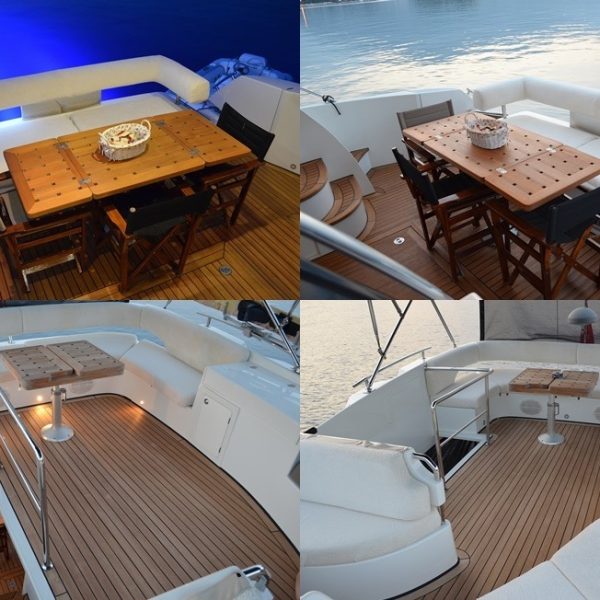 Four different views of a yacht featuring the helm, deck, and stern